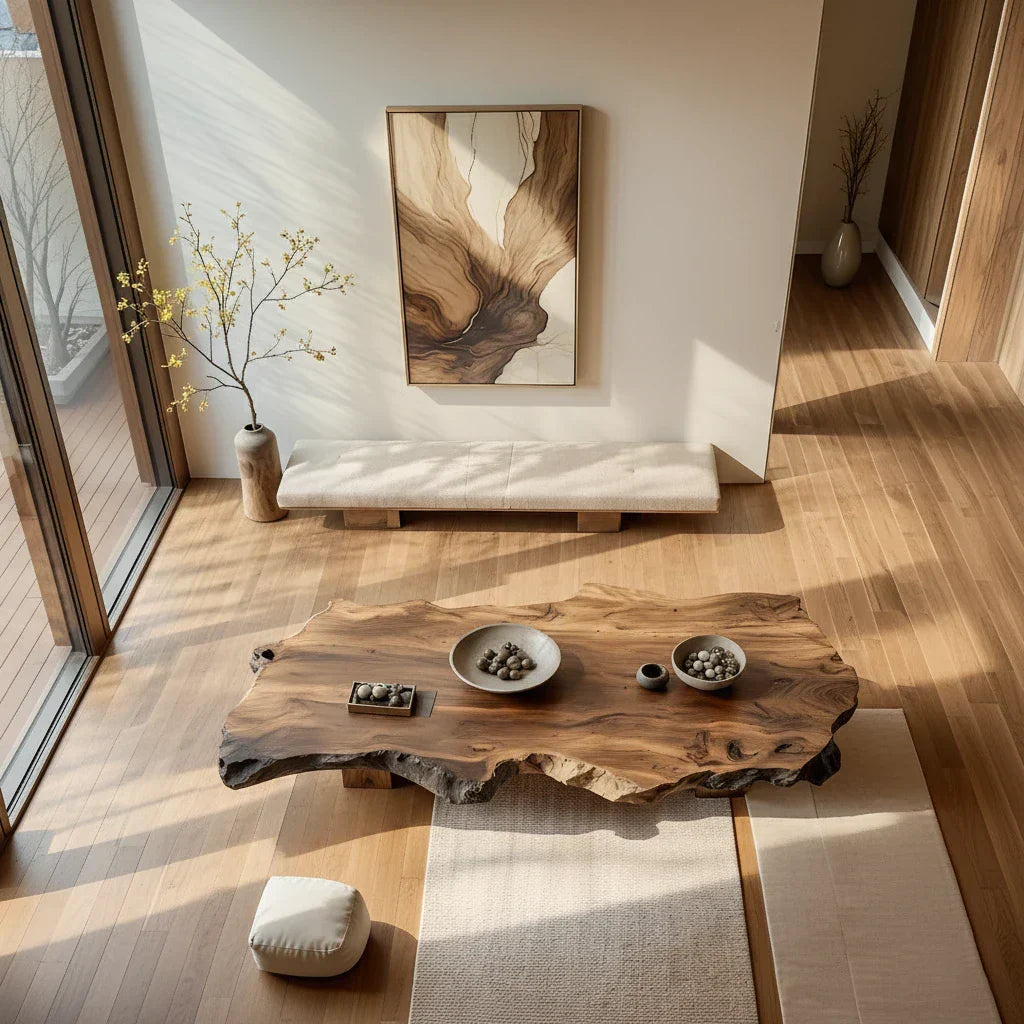 Low Live-Edge Solid-Wood Table for Minimalist Tea Lounges