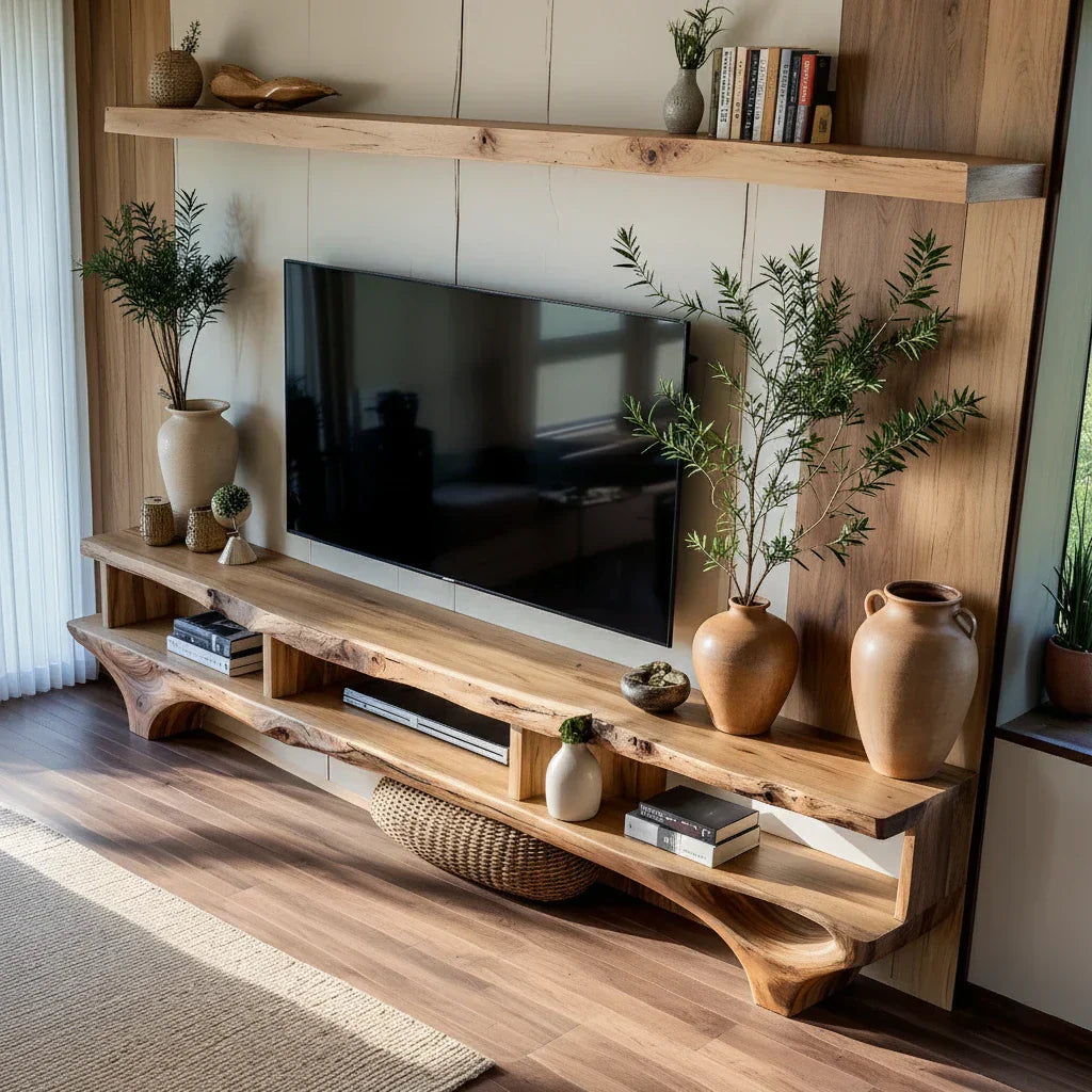 Live-Edge Style TV Console Wall-Mounted Shelf Media Wall Set