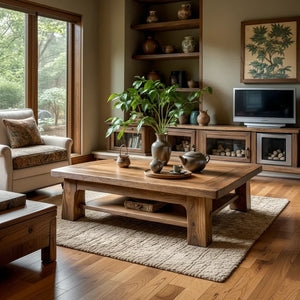 Rectangular Solid-Wood Coffee Table with Storage Shelf