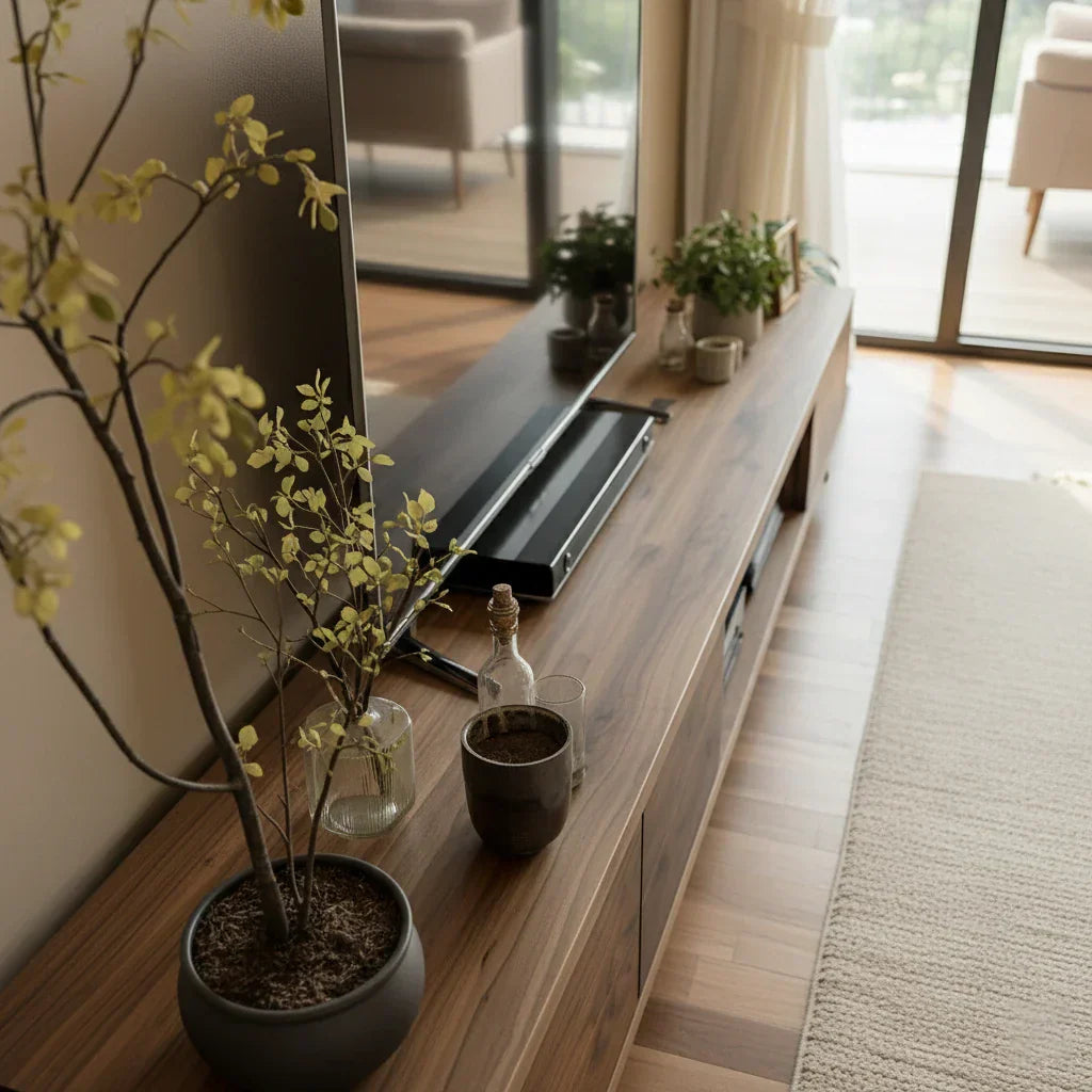 Natural Wood Low TV Console with Closed Storage & Open Center Bay