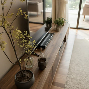 Natural Wood Low TV Console with Closed Storage & Open Center Bay