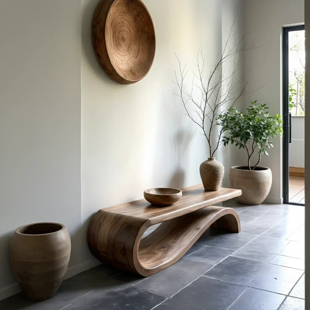 Organic Solid Wood Bench with Loop Base for Minimalist Entryway