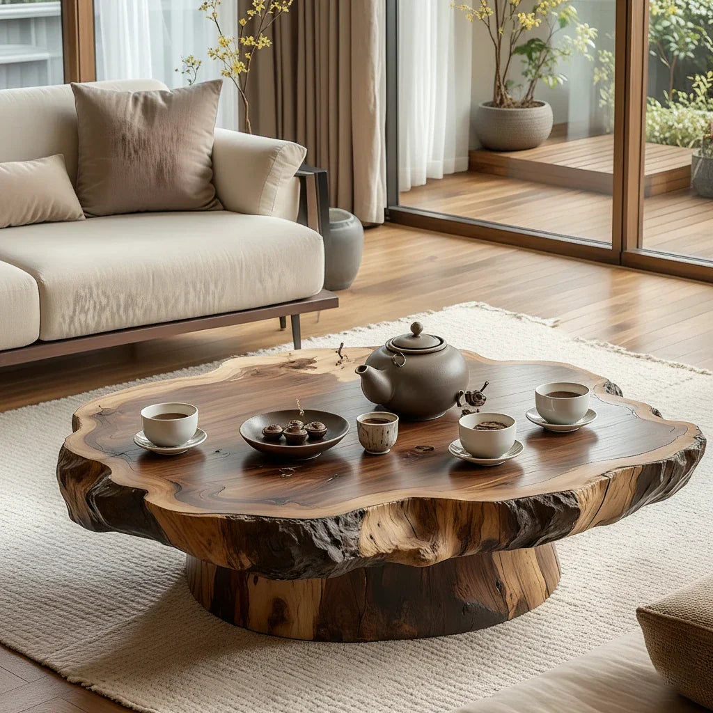 Round Solid-Wood Coffee Table with Organic Live Edge for Living Rooms