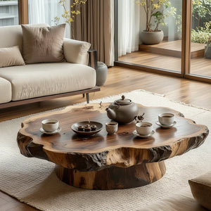 Round Solid-Wood Coffee Table with Organic Live Edge for Living Rooms