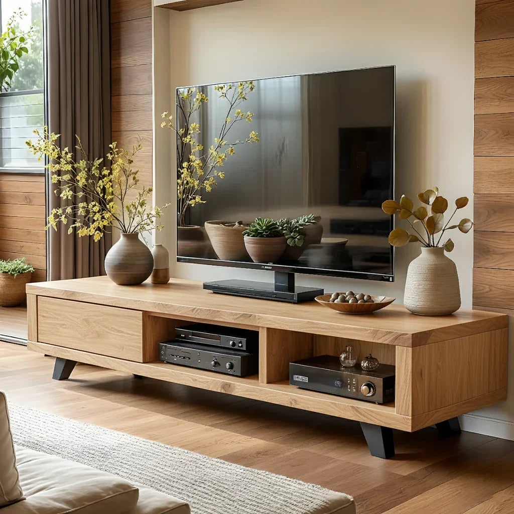 Modern Wood TV Console with Open Bays for Media Storage