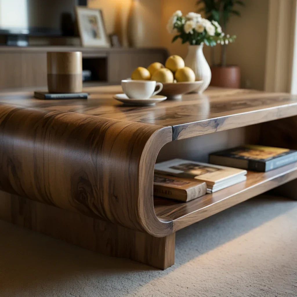 Rounded Solid-Wood Coffee Table with Shelf Storage