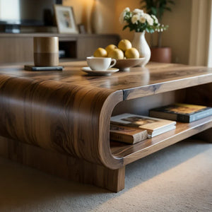 Rounded Solid-Wood Coffee Table with Shelf Storage