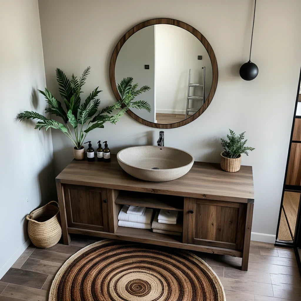 Long Solid Wood Bathroom Vanity with Open Shelf for Spa-Inspired Decor