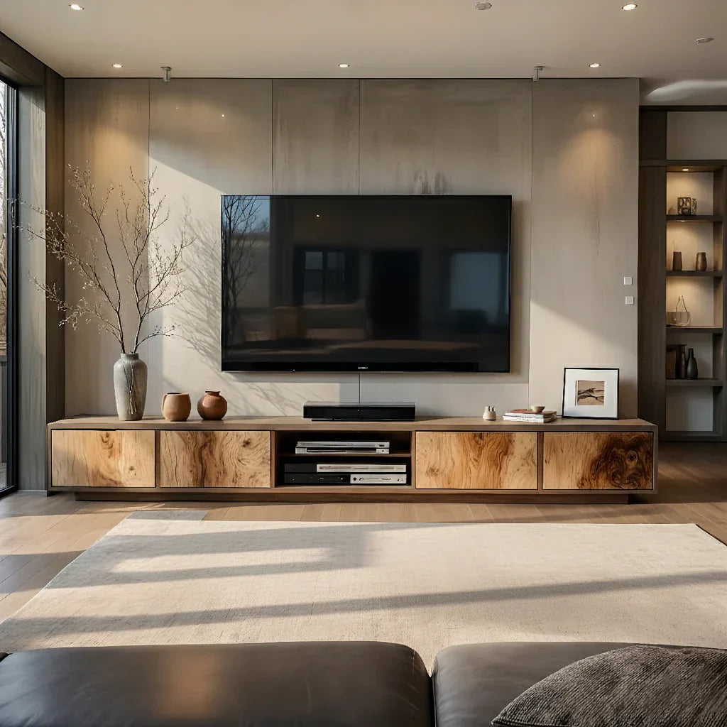 Natural Wood Media Console with Patchwork Grain Panel Front