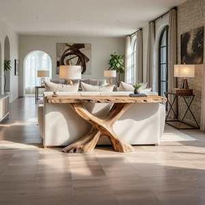 Live Edge Solid Wood Sofa Console Table with Sculptural Cross Base