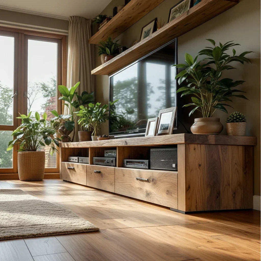 Natural Wood TV Cabinet with Long Top, Open Bays & Drawers