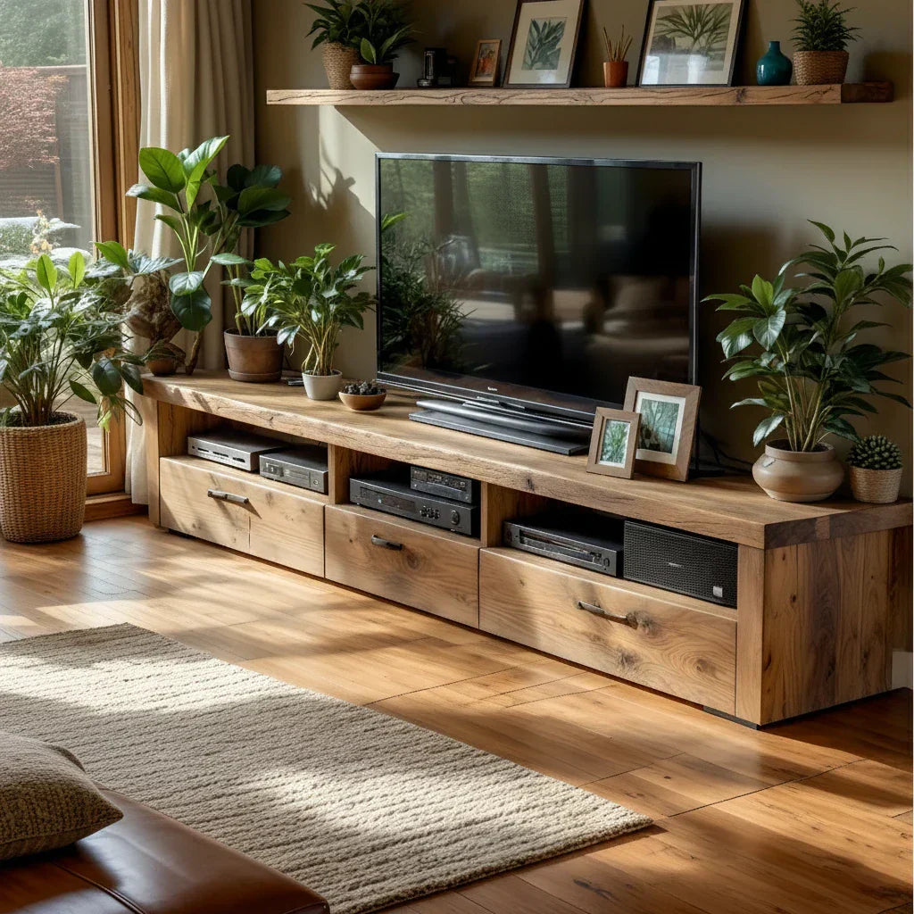 Natural Wood TV Cabinet with Long Top, Open Bays & Drawers
