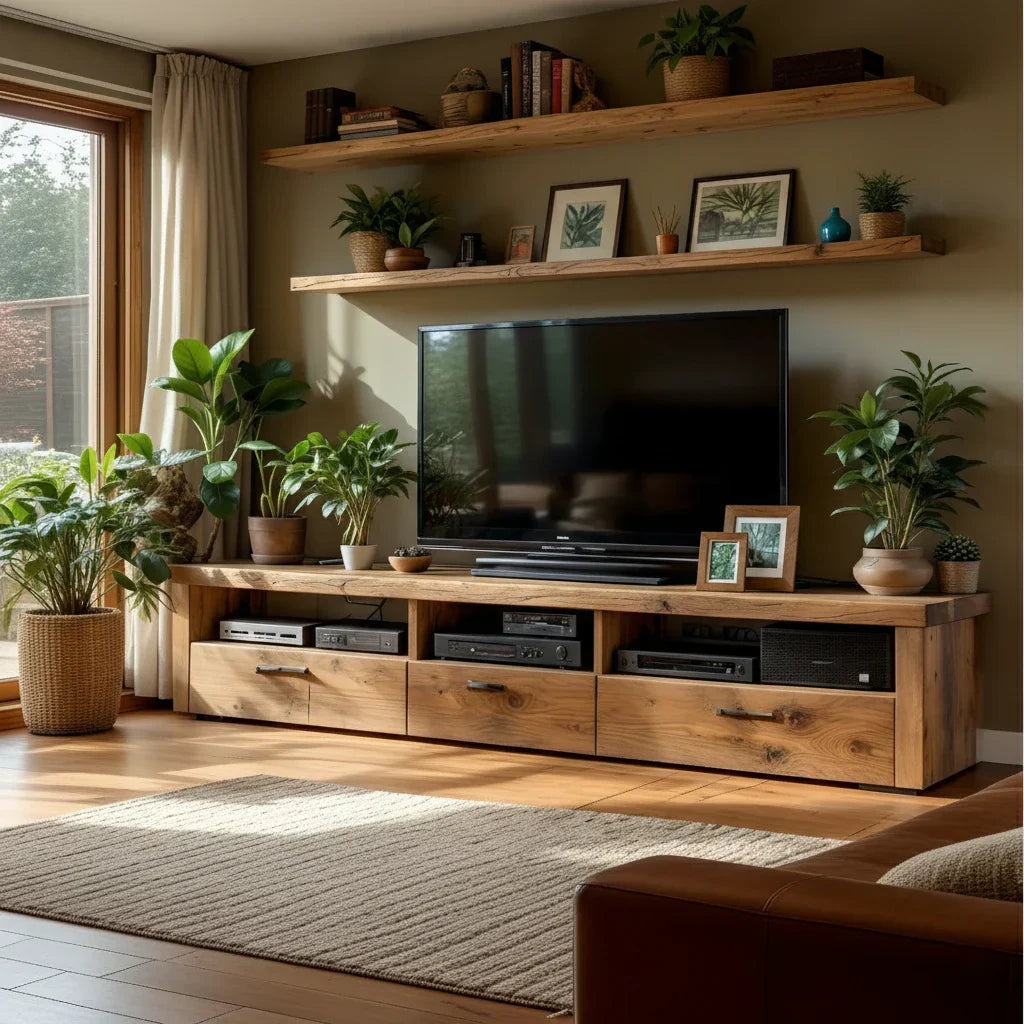 Natural Wood TV Cabinet with Long Top, Open Bays & Drawers