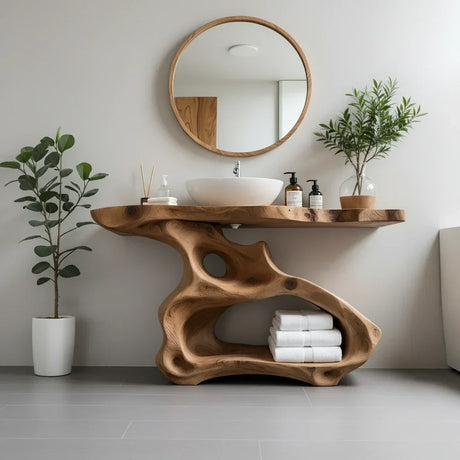 Sculptural Solid Wood Bathroom Vanity with Organic Open Storage