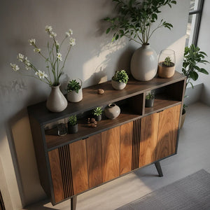 Solid Wood Sideboard Cabinet with Slatted Doors and Modern Storage