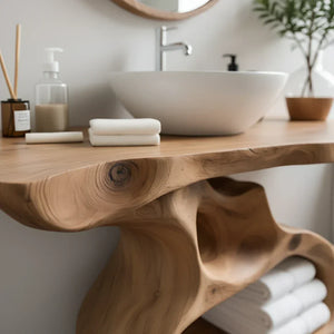 Sculptural Solid Wood Bathroom Vanity with Organic Open Storage