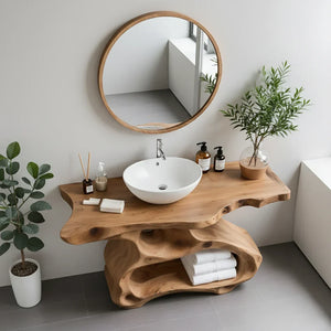 Sculptural Solid Wood Bathroom Vanity with Organic Open Storage