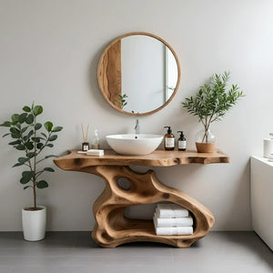 Sculptural Solid Wood Bathroom Vanity with Organic Open Storage