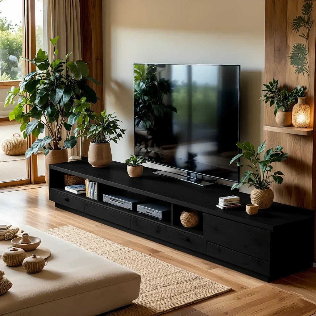 Solid Wood TV Wall Unit with Drawers for Organic Living Room