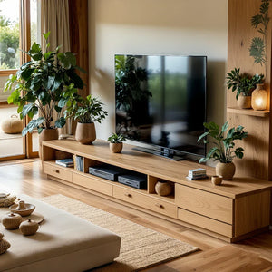 Solid Wood TV Wall Unit with Drawers for Organic Living Room