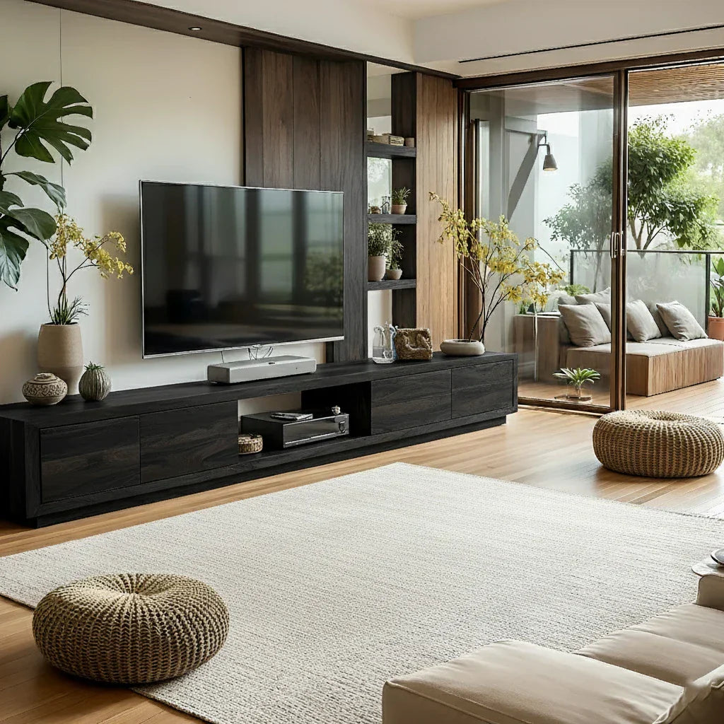 Modern Wood TV Console with Drawers & Open Media Bay