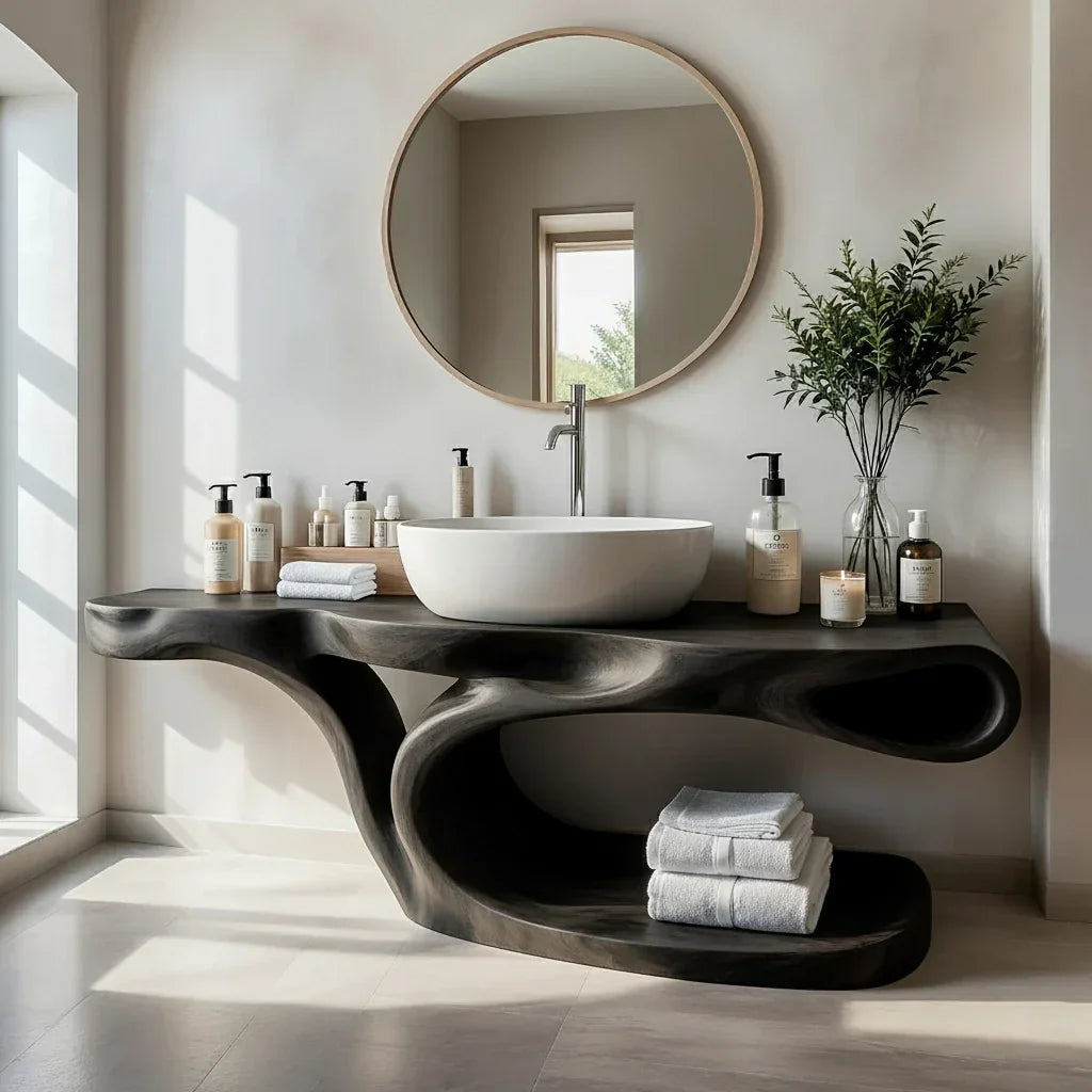 Sculptural Solid Wood Bathroom Vanity with Open Shelf