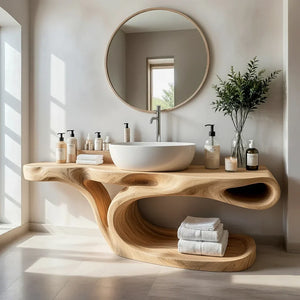 Sculptural Solid Wood Bathroom Vanity with Open Shelf