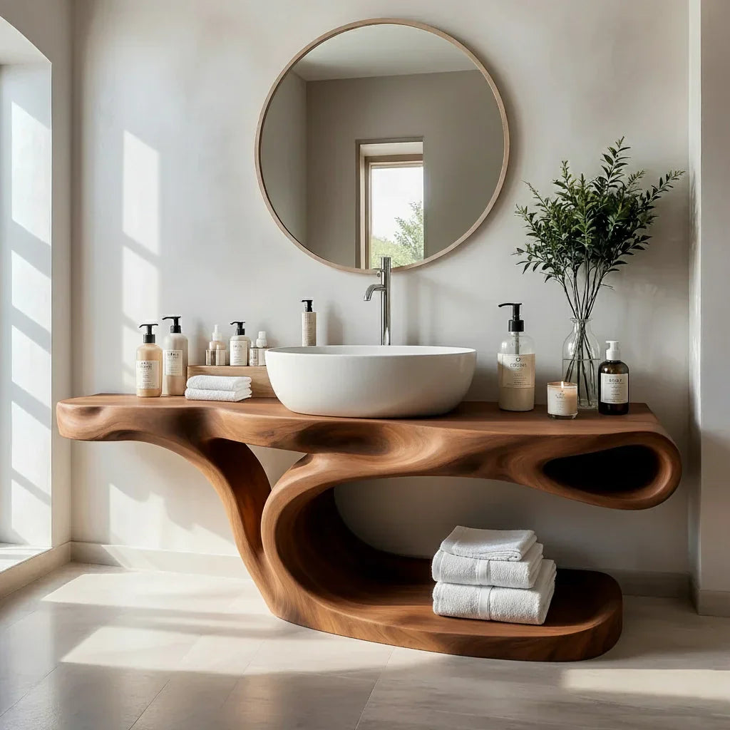 Sculptural Solid Wood Bathroom Vanity with Open Shelf