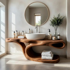 Sculptural Solid Wood Bathroom Vanity with Open Shelf