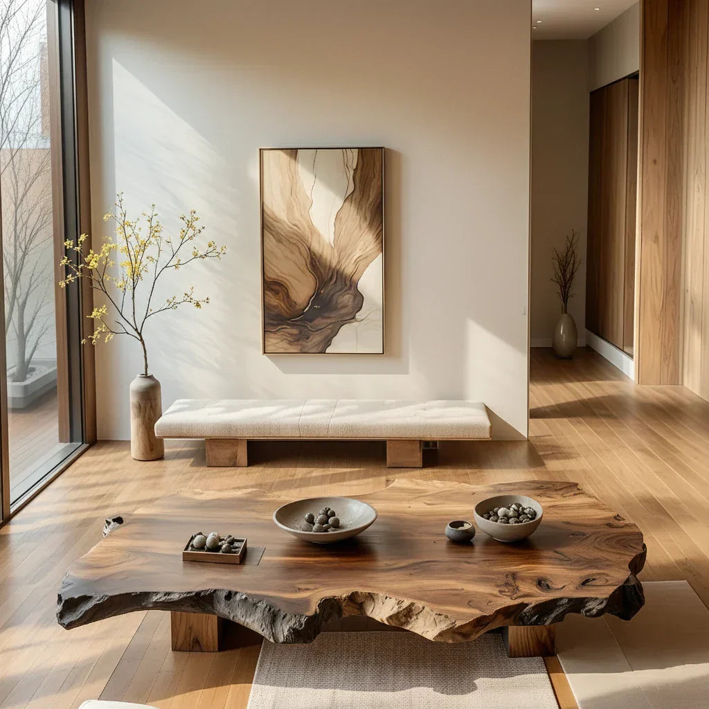 Low Live-Edge Solid-Wood Table for Minimalist Tea Lounges