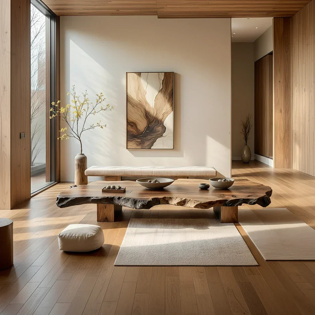 Low Live-Edge Solid-Wood Table for Minimalist Tea Lounges