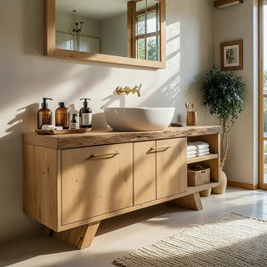 Wood Bathroom Vanity with Cabinet Doors and Open Shelf Storage
