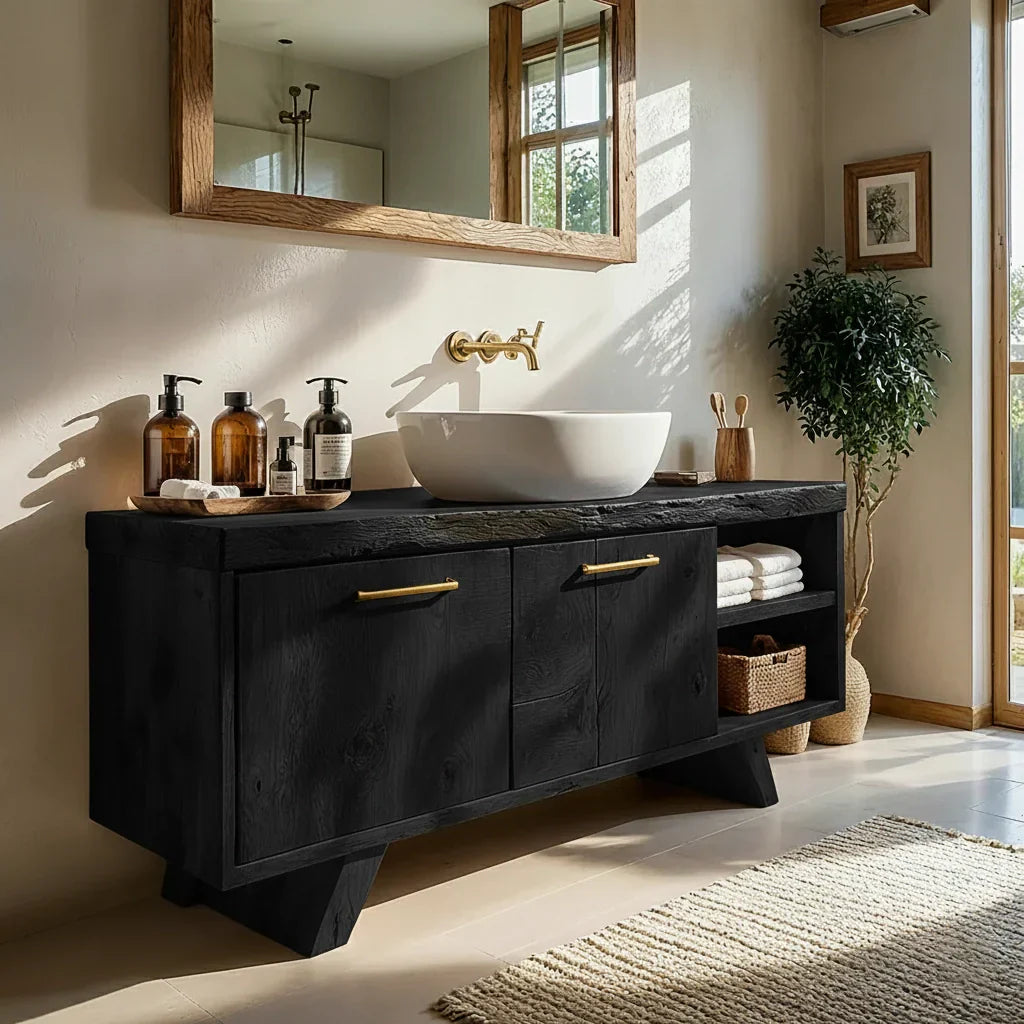 Wood Bathroom Vanity with Cabinet Doors and Open Shelf Storage
