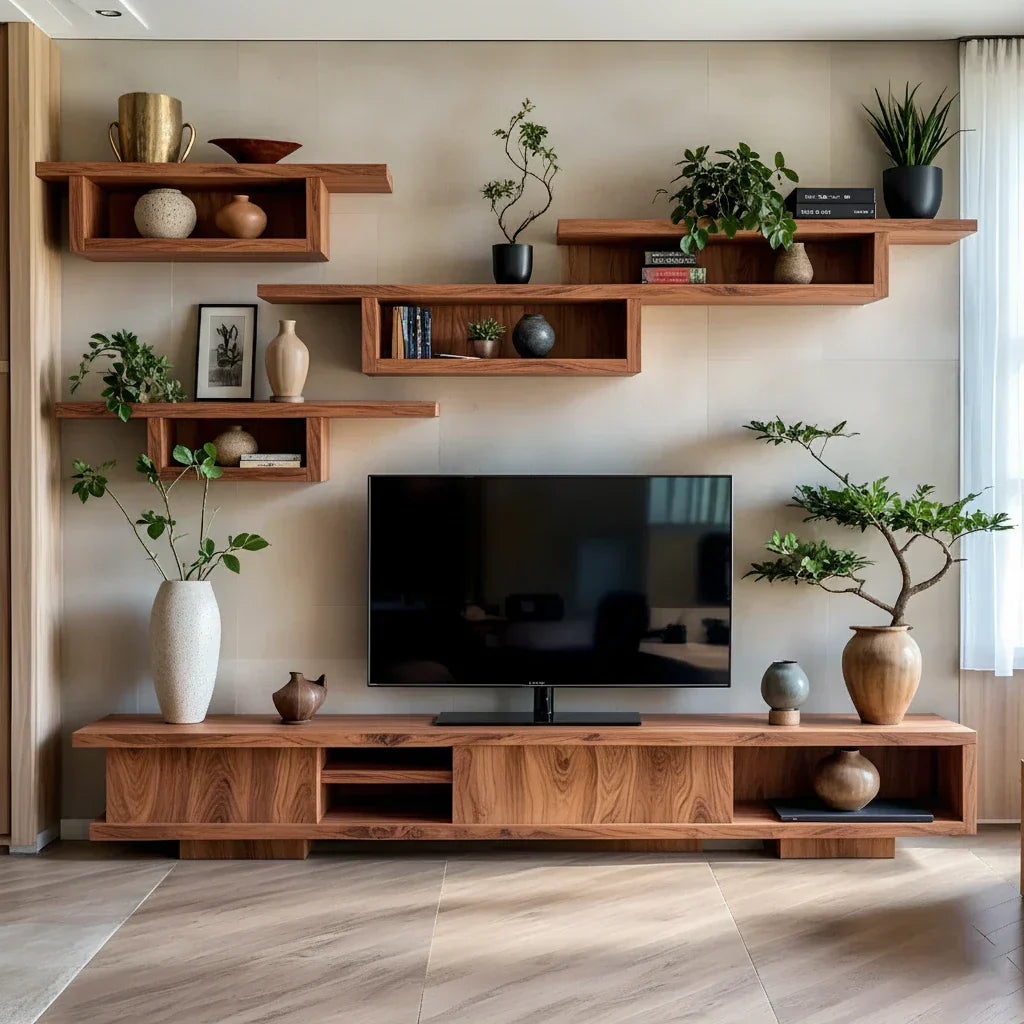 Wood TV Console and Modular Floating Shelves Set for Media Wall