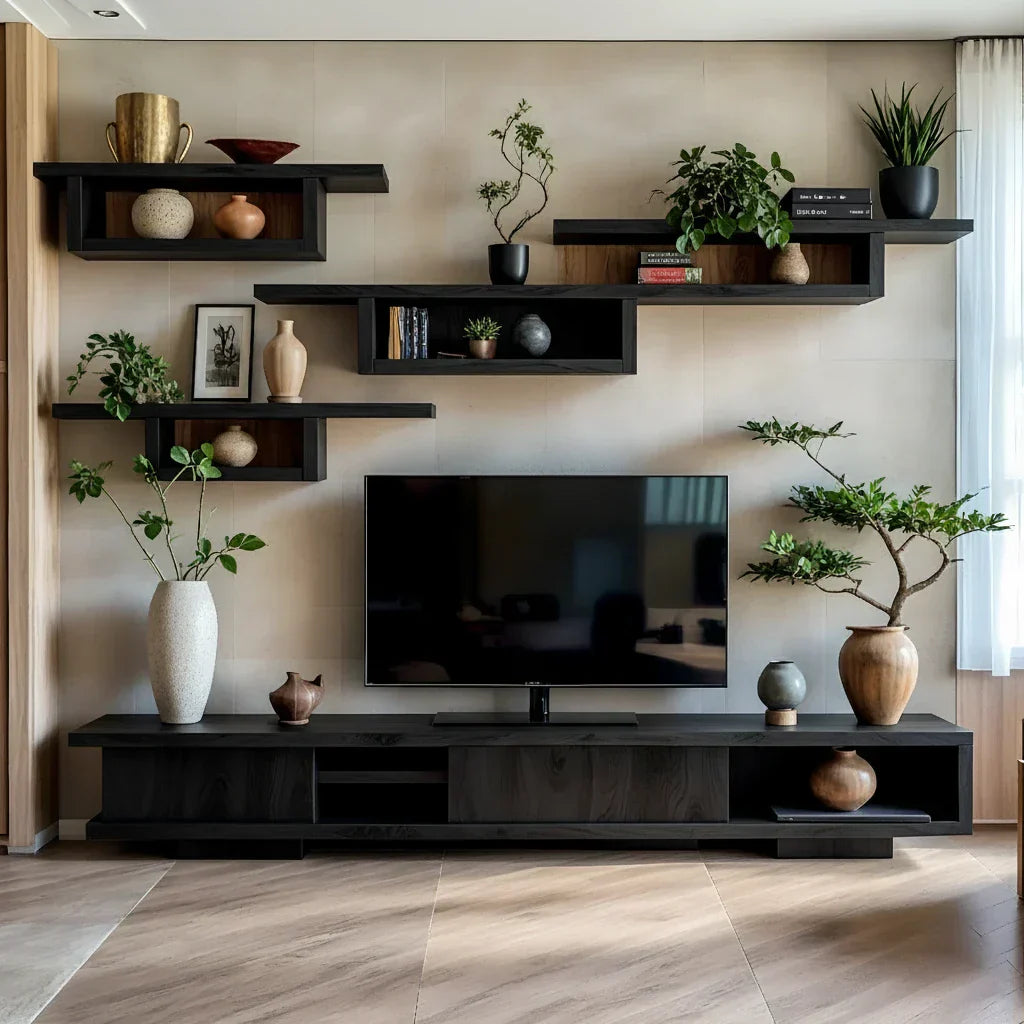 Wood TV Console and Modular Floating Shelves Set for Media Wall