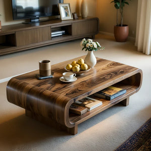 Rounded Solid-Wood Coffee Table with Shelf Storage