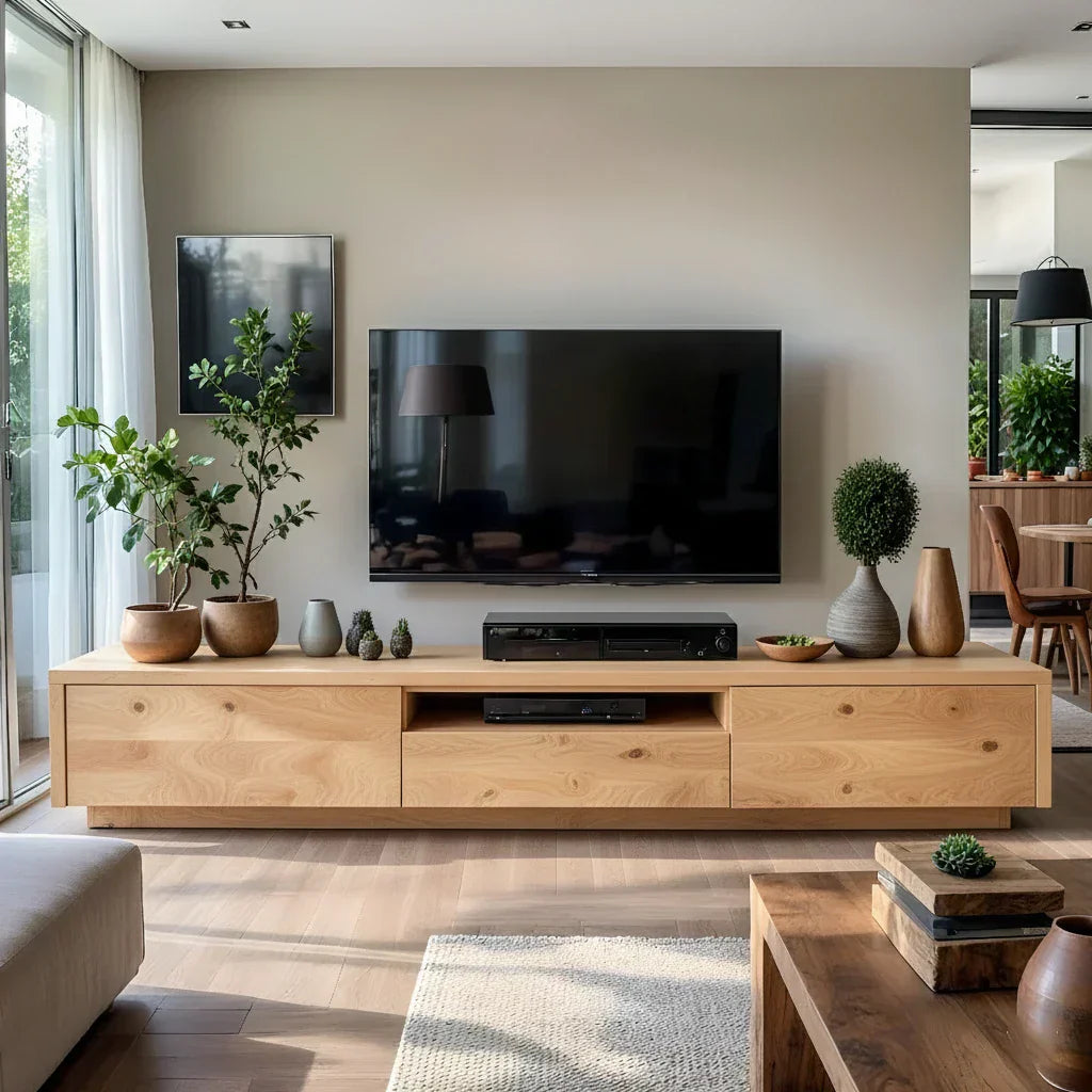 Natural Wood TV Console with Flowing Grain for Modern Living Rooms