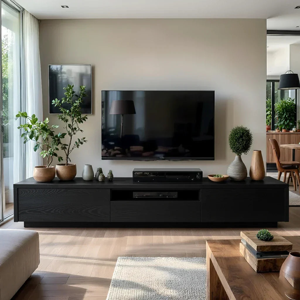 Natural Wood TV Console with Flowing Grain for Modern Living Rooms
