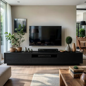 Natural Wood TV Console with Flowing Grain for Modern Living Rooms