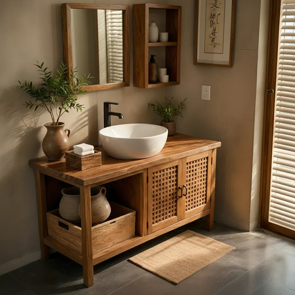 Solid-Wood Bathroom Vanity with Lattice Doors for Japandi Bathrooms