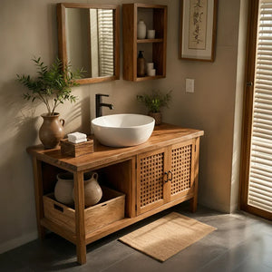 Solid-Wood Bathroom Vanity with Lattice Doors for Japandi Bathrooms