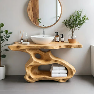 Sculptural Solid Wood Bathroom Vanity with Organic Open Storage