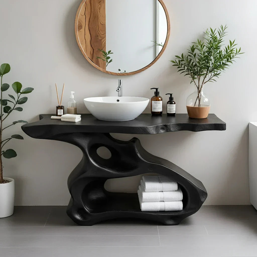 Sculptural Solid Wood Bathroom Vanity with Organic Open Storage