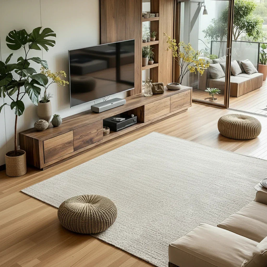 Modern Wood TV Console with Drawers & Open Media Bay