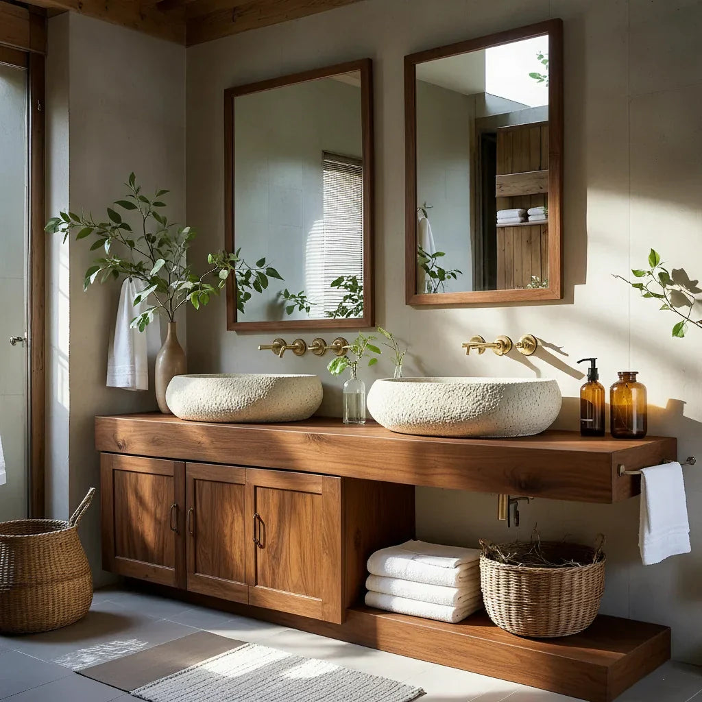 Double Solid Wood Bathroom Vanity with Cabinet and Open Shelf