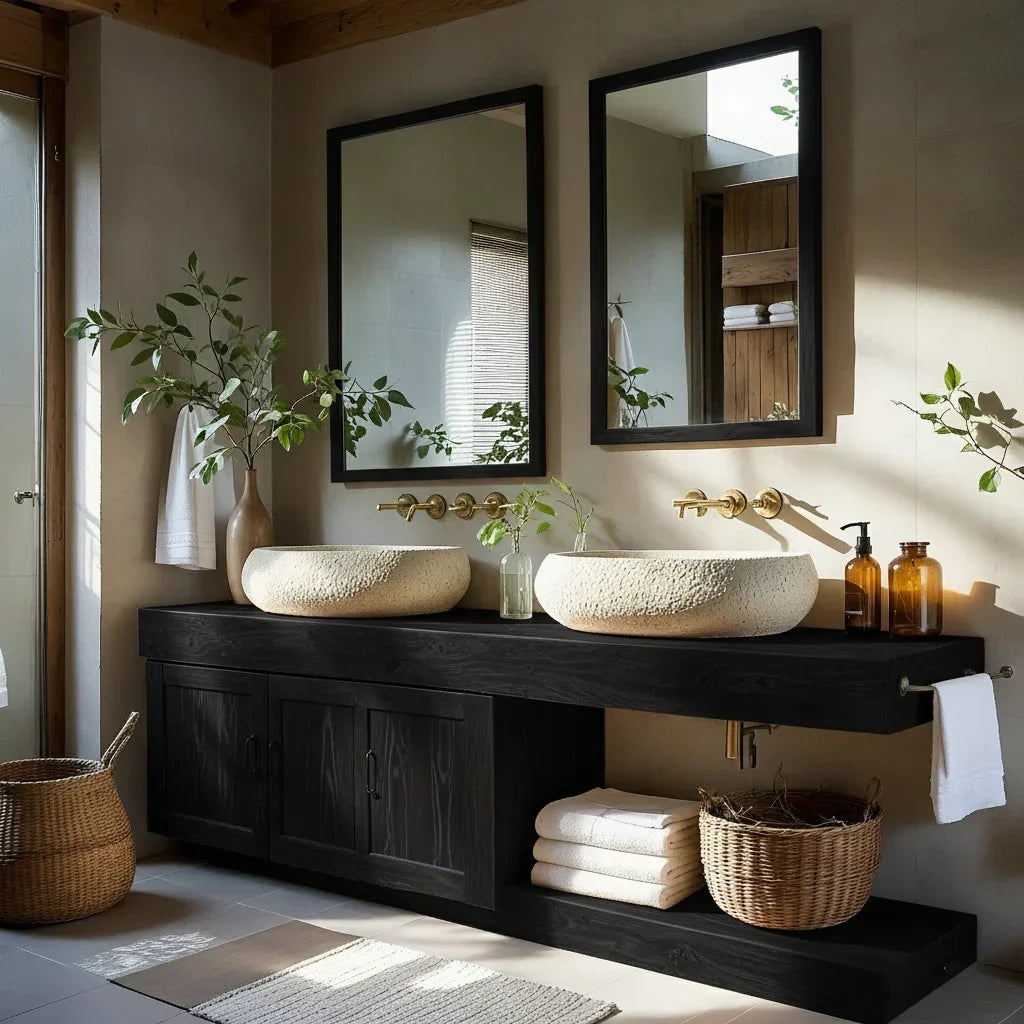 Double Solid Wood Bathroom Vanity with Cabinet and Open Shelf
