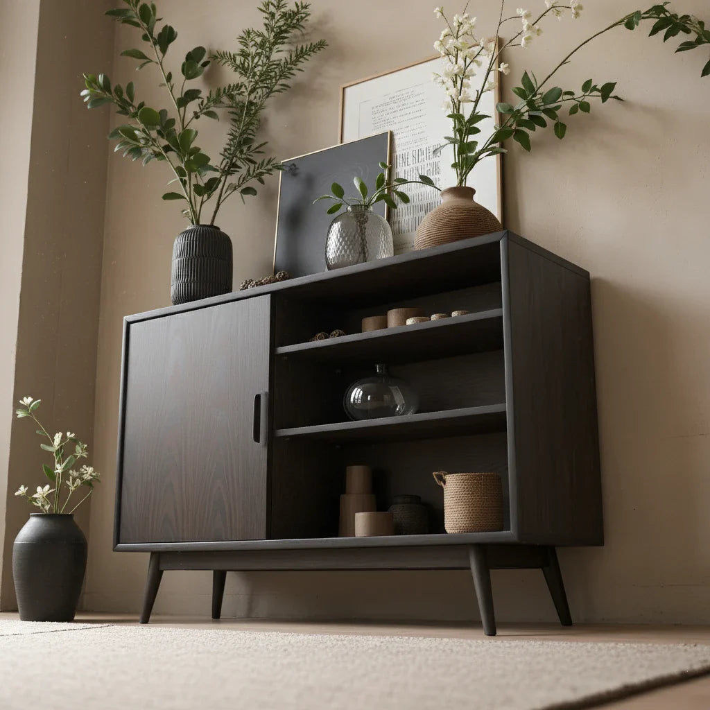 Dark Solid Wood Storage Cabinet with Open Shelving for Modern Interiors