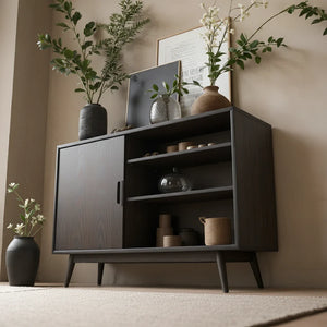 Dark Solid Wood Storage Cabinet with Open Shelving for Modern Interiors