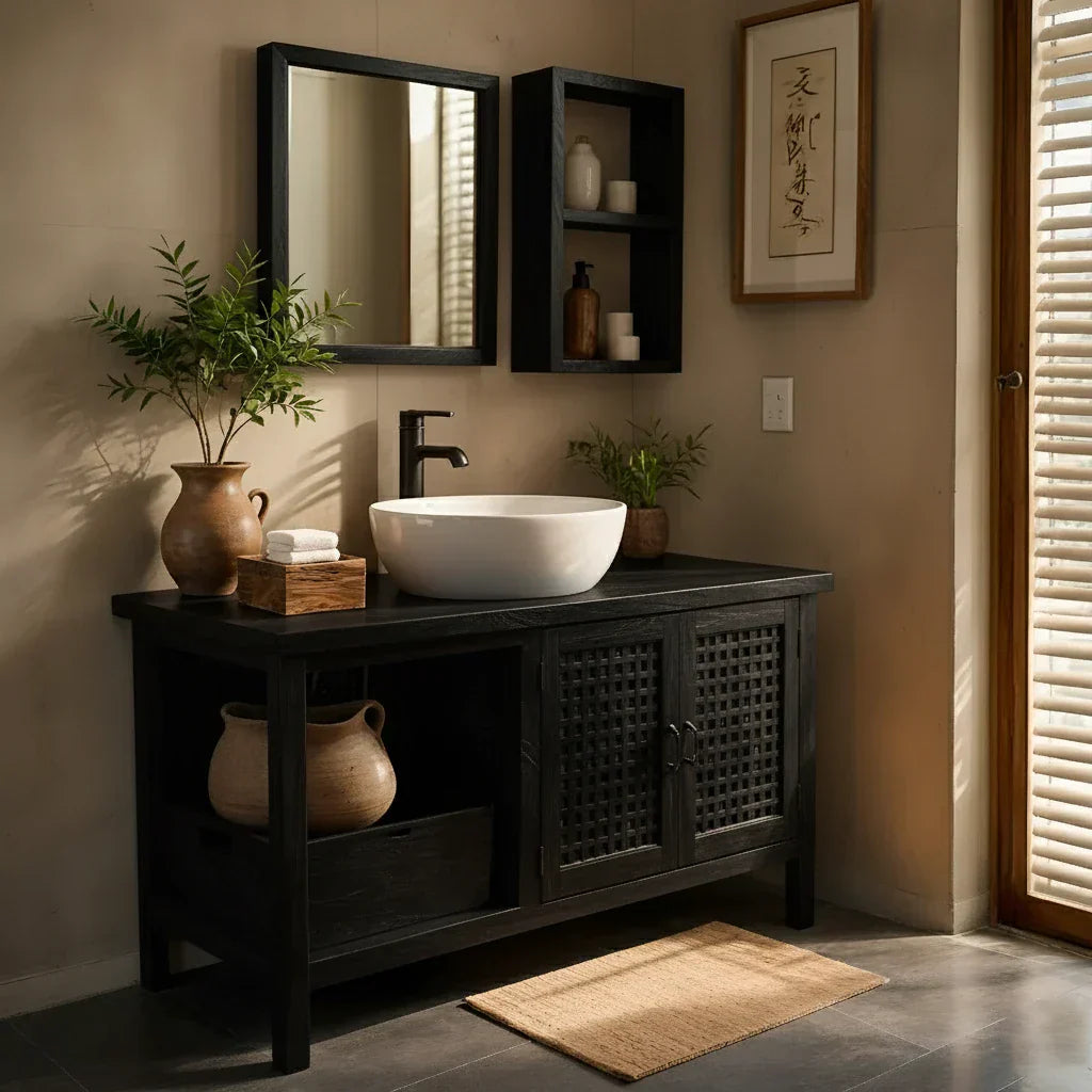Solid-Wood Bathroom Vanity with Lattice Doors for Japandi Bathrooms