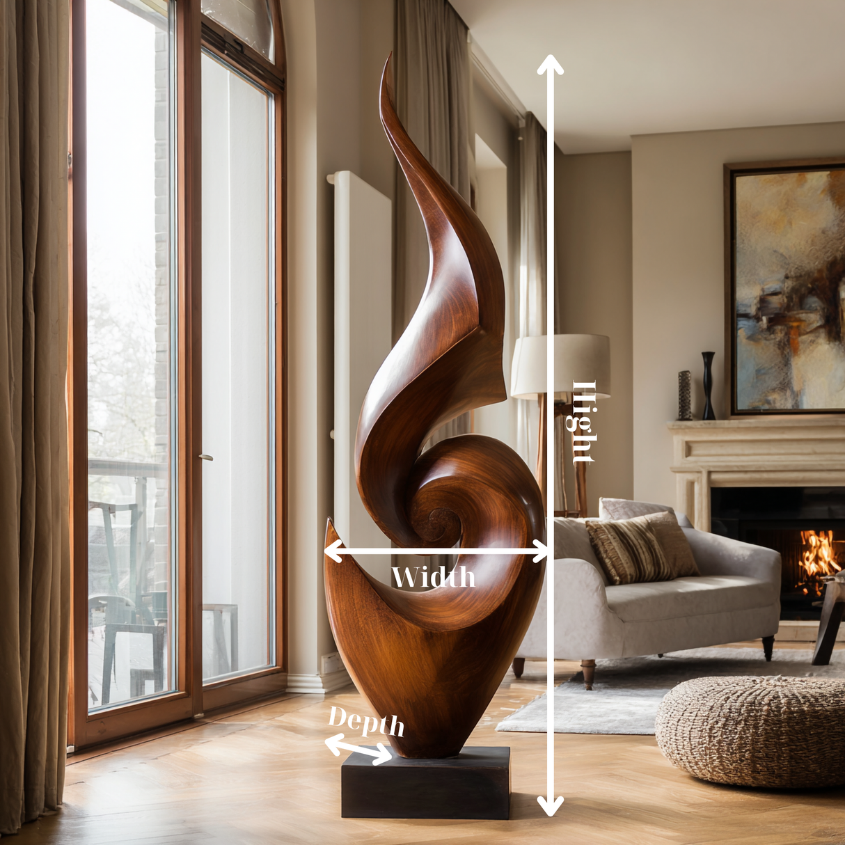 Tall Abstract Solid Wood Floor Sculpture for Luxury Living Room Interiors